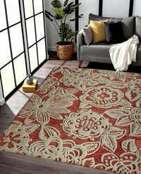 Rugslane Rust & White Color Floral Design 100% New Zealand Wool Handmade Carpet 4.6ft x 6.6ft