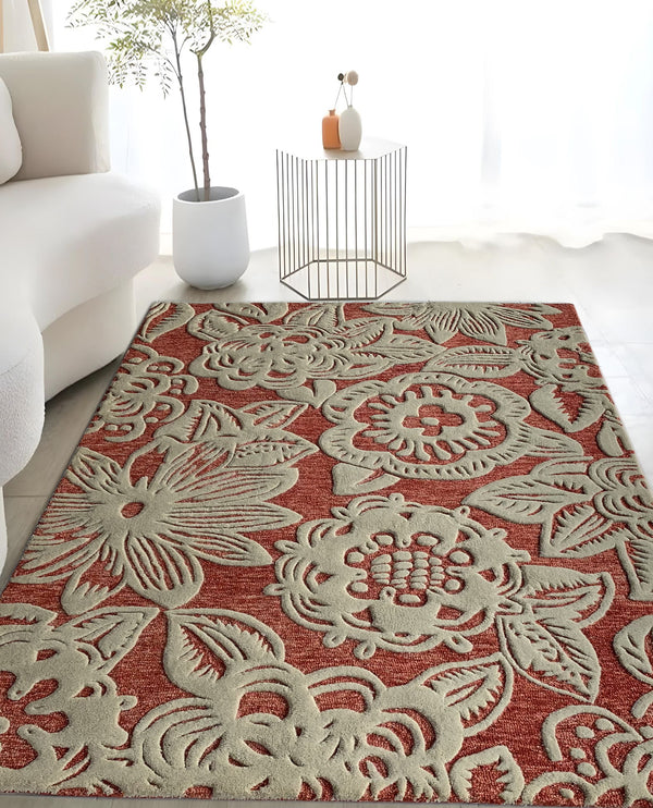 Rugslane Rust & White Color Floral Design 100% New Zealand Wool Handmade Carpet 4.6ft x 6.6ft