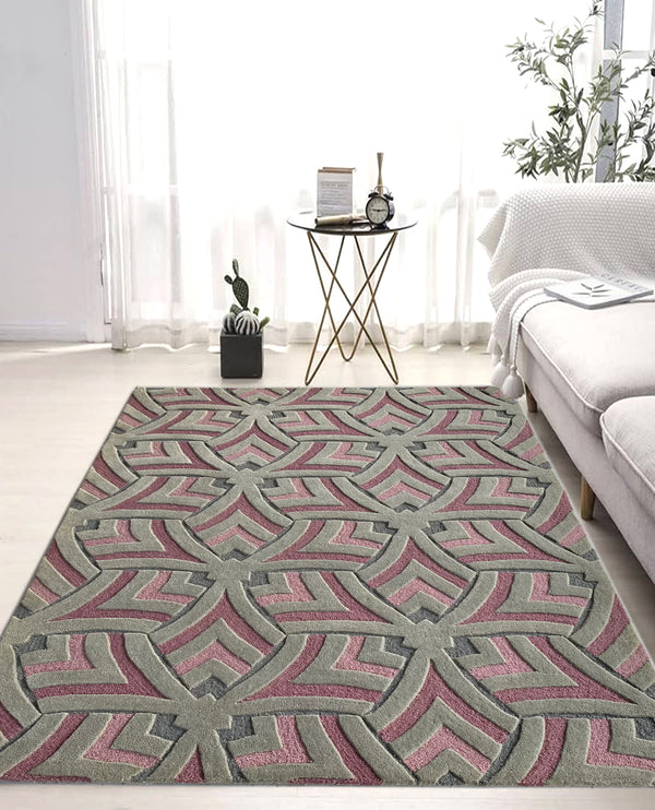 Rugslane Grey & Pink Color Modern Design 100% New Zealand Wool Handmade Carpet 4.6ft x 6.6ft