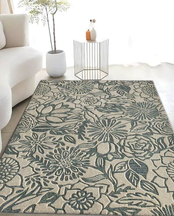Rugslane Green & White Color Traditional Design 100% New Zealand Wool Handmade Floral Carpet 4.6ft x 6.6ft