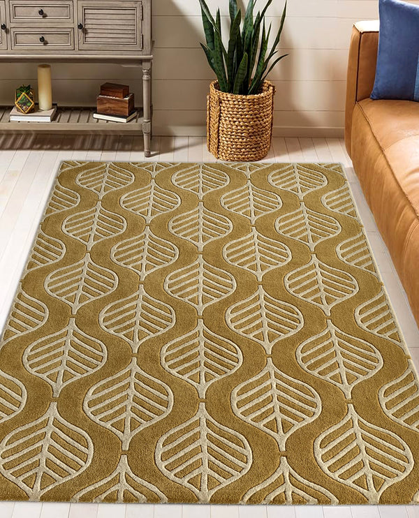 Rugslane Gold & White Color Modern Design 100% New Zealand Wool Handmade Carpet 4.6ft x 6.6ft