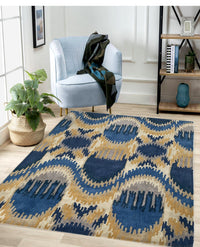 Rugslane Blue & Gold Color Modern Design 100% New Zealand Wool Handmade Carpet 4.6ft x 6.6ft