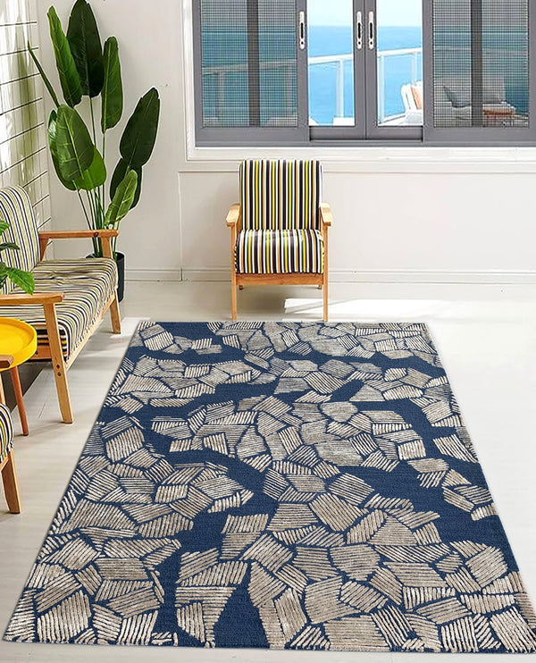 Rugslane Blue & White Color Modern Design Wool & Viscose Mix Handmade Carpet 6.0ft X 9.0ft