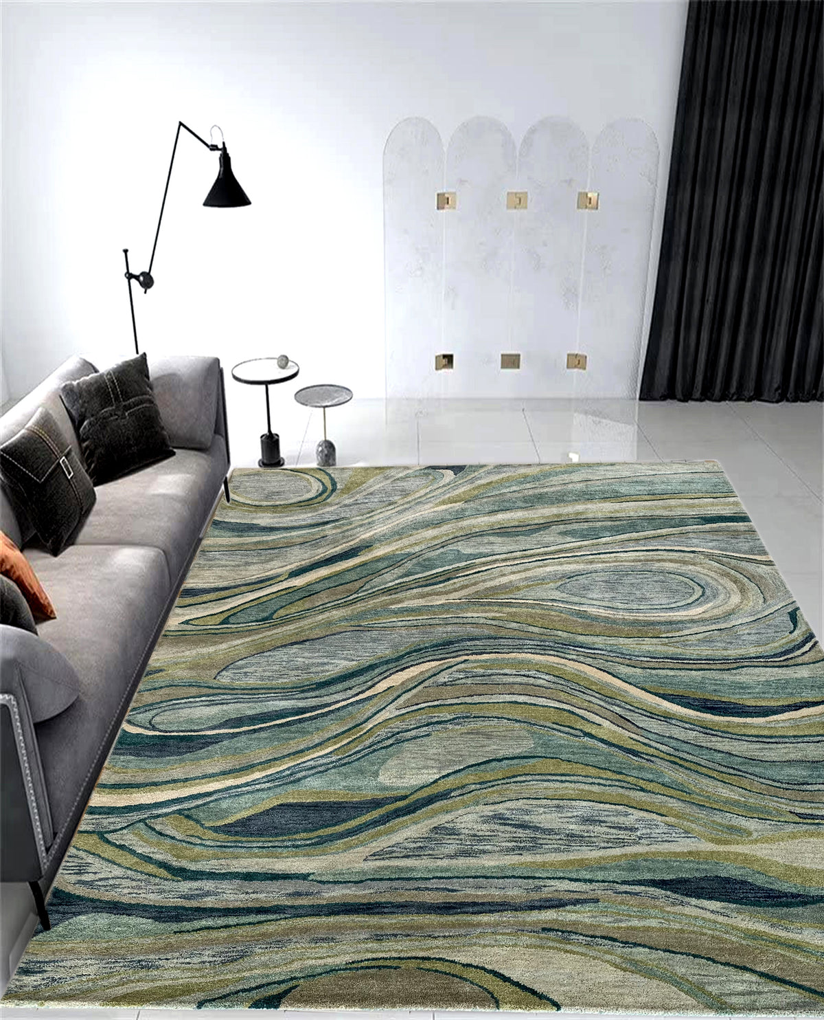 Rugslane Green Grey Multi Color Modern Woollen Handmade Carpet 7ft X 9ft