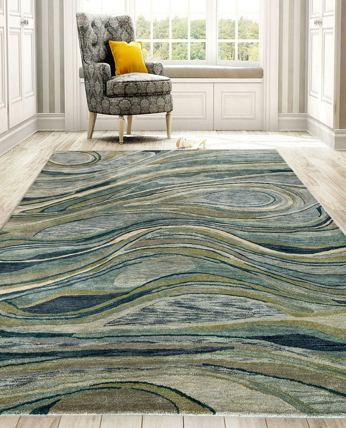Rugslane Green Grey Multi Color Modern Woollen Handmade Carpet 7ft X 9ft