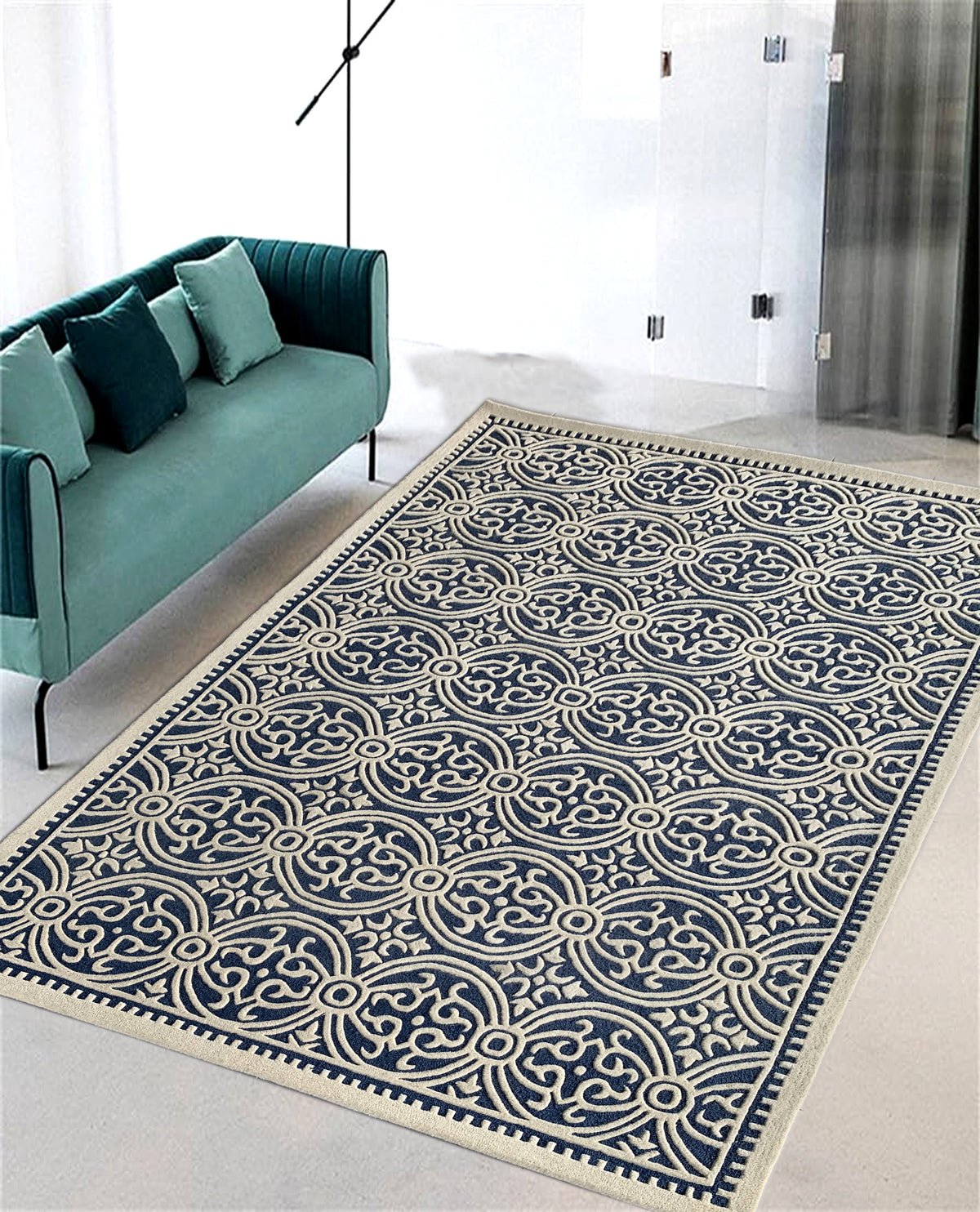 Rugslane Blue & White Color Modern Design 100% New Zealand Wool Handmade Carpet 6.0ft X 9.0ft