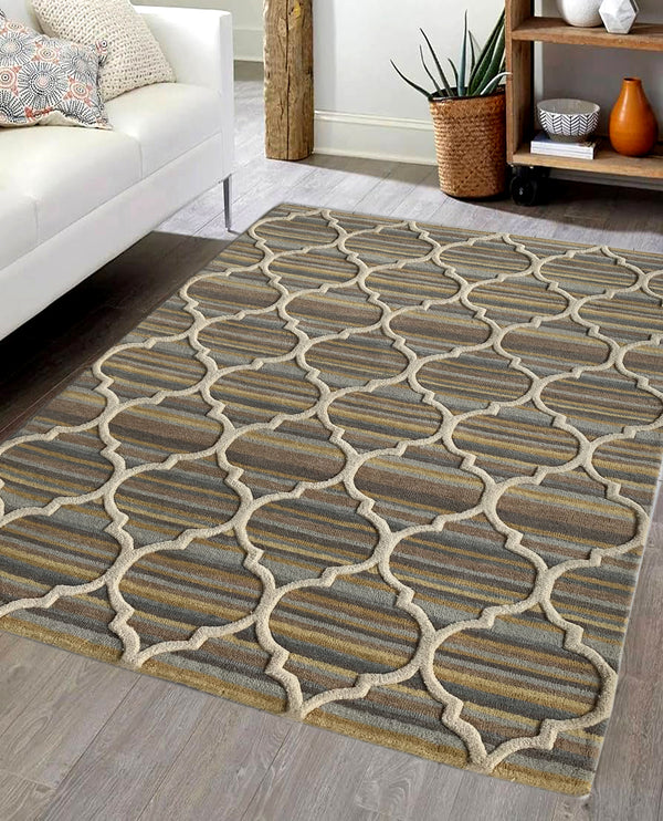 Rugslane Multi Color Trellis Design 100% New Zealand Wool Handmade Modern Carpet 4.6ft X 6.6ft
