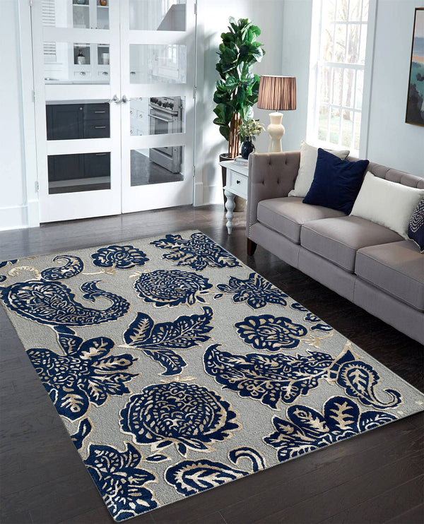 Rugslane Grey & Blue Color Floral Design Used High Quality Wool & Viscose Handmade Carpet 6ft X 9ft