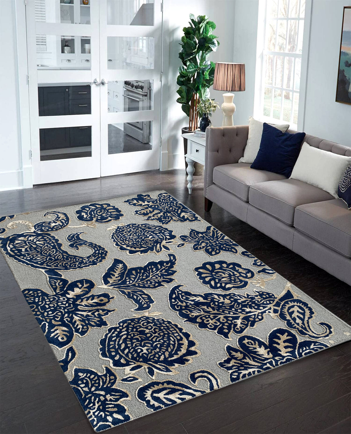 Rugslane Silver & Blue Color Floral Design  High Quality Wool & Viscose Handmade Carpet 6ft X 9ft