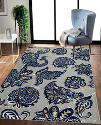 Rugslane Grey & Blue Color Floral Design Used High Quality Wool & Viscose Handmade Carpet 6ft X 9ft