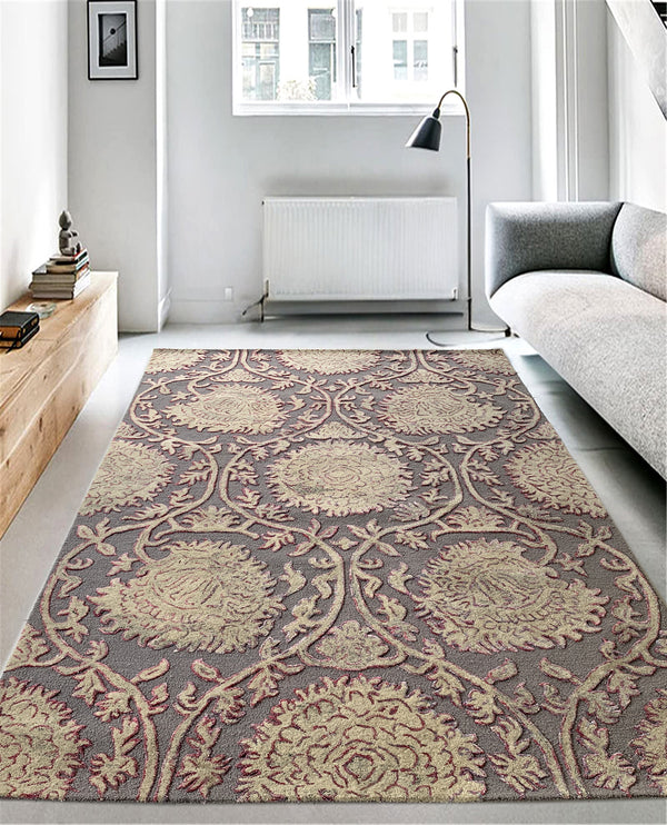 Rugslane Grey & White Color Floral Design 100% New Zealand Wool Handmade Carpet 6ft X 9ft