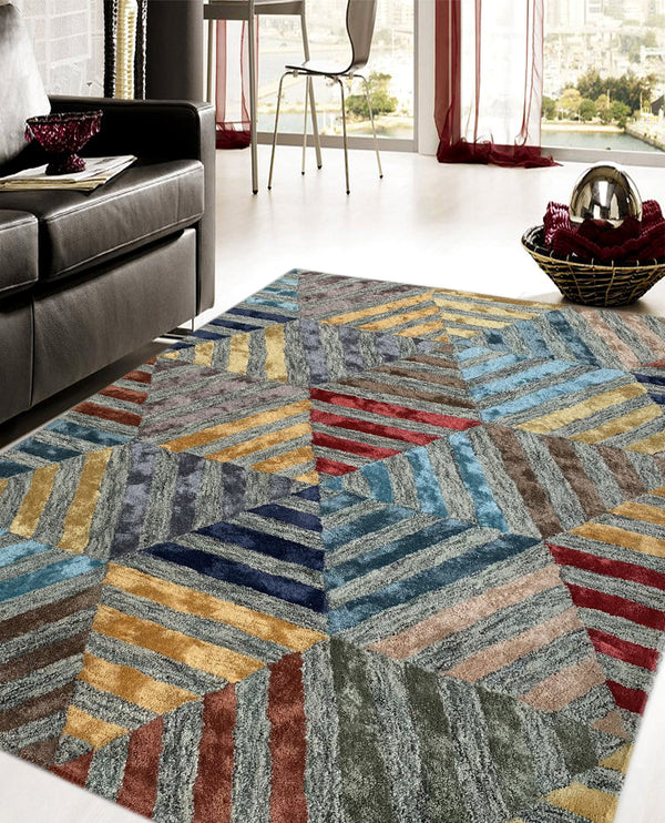 Rugslane Handmade Multi Color Geometrical Design Wool and Viscose Carpet 6ft X 9ft