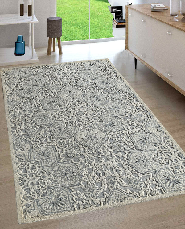Rugslane Grey & White Color Traditional Design 100% New Zealand Wool High Low Handmade Floral Carpet 5.0ft X 8.0ft