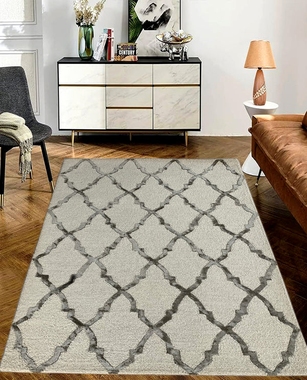 Rugslane White & Grey Color Trellis Design Wool & Viscose Mix Handmade Carpet