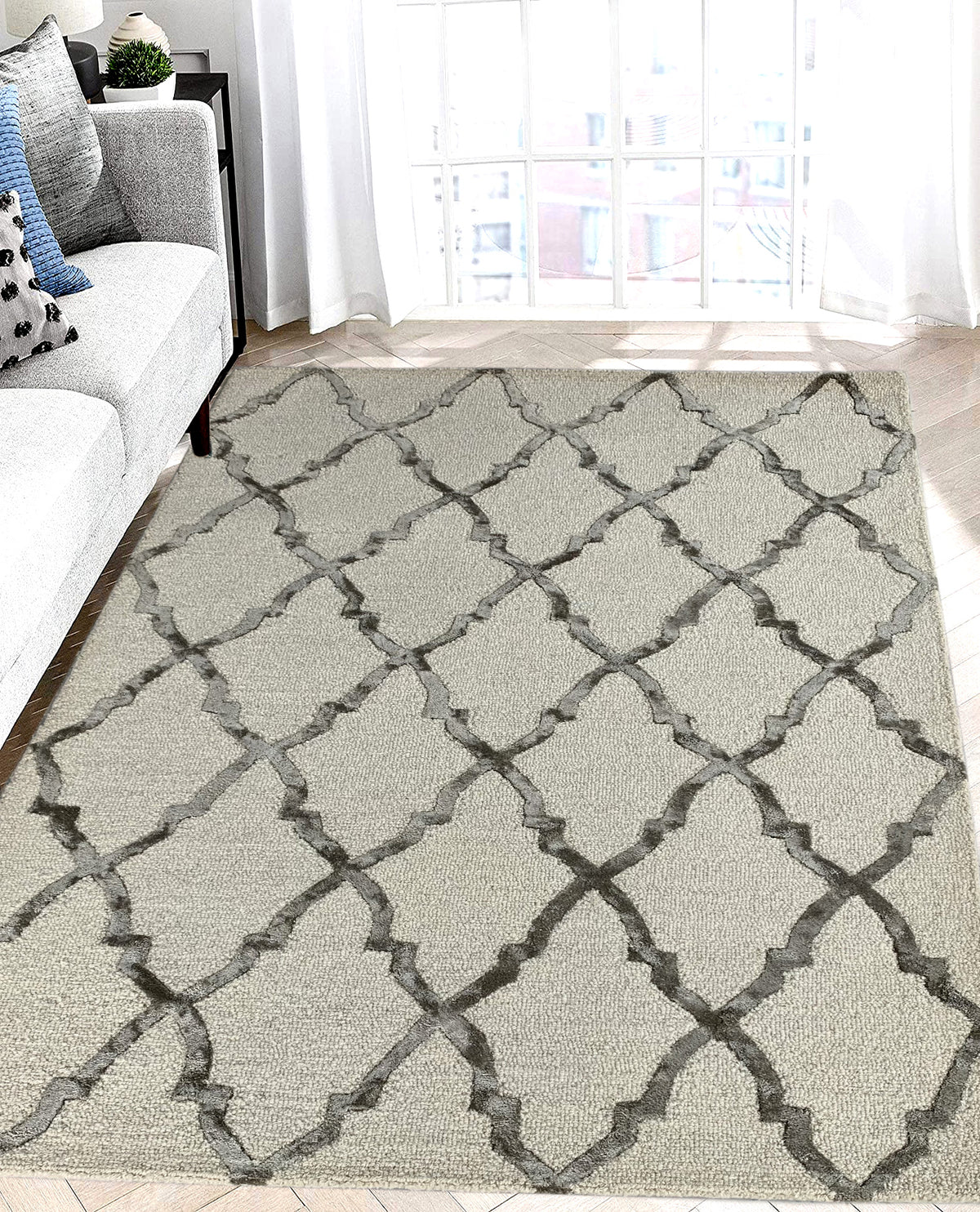 Rugslane White & Grey Color Trellis Design Wool & Viscose Mix Handmade Carpet