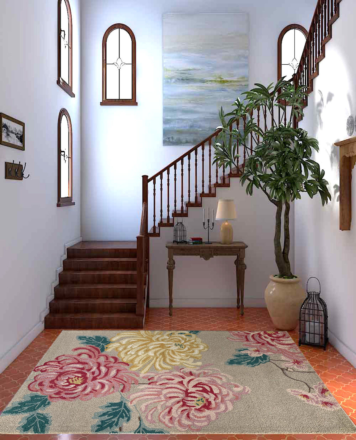 Rugslane Beige & Pink Color Floral Design 100% New Zealand Wool Handmade Carpet 5.3ftX 7.7ft