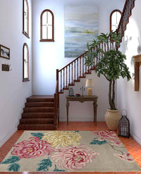 Rugslane Beige & Pink Color Floral Design 100% New Zealand Wool Handmade Carpet 5.3ftX 7.7ft