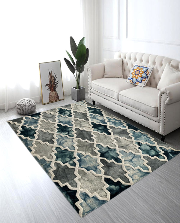 Rugslane Grey & Blue Trellis Design 100% New Zealand Wool Handmade Modern Carpet 5.3ftX 7.7ft