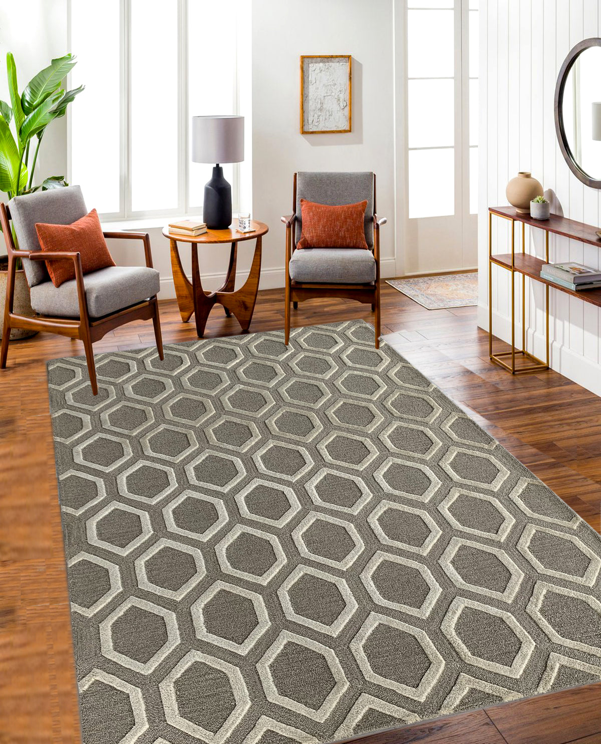 Rugslane Brown Color Trellis Design 100% New Zealand Wool Handmade Modern Carpet 5ft x 8ft