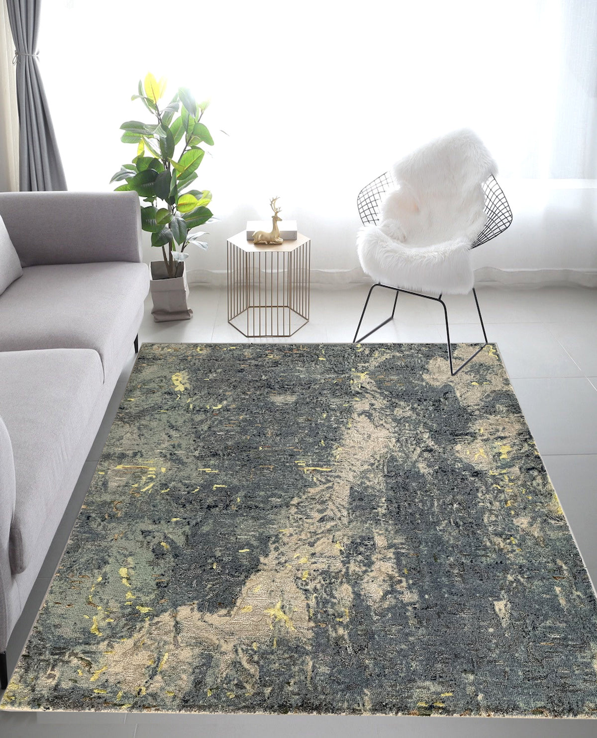 Rugslane Grey Color Abstract Design 100% New Zealand Wool Handmade Carpet 5ft x 6ft