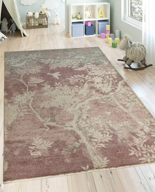Rugslane Pink & Grey Color Floral Design 100% New Zealand Wool Handmade Carpet 5ft x 8ft