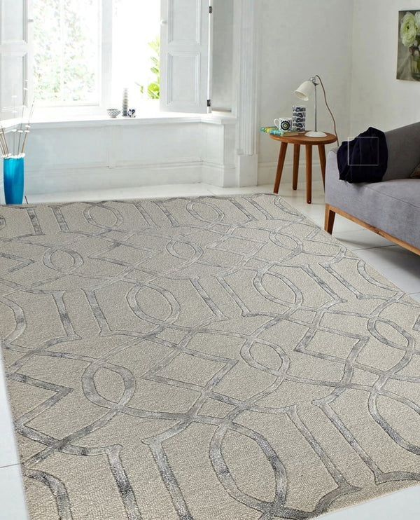 Rugslane Beige & Grey Color Modern Design Wool & Viscose Mix Handmade Modern Carpet 5.0ft X8.0ft
