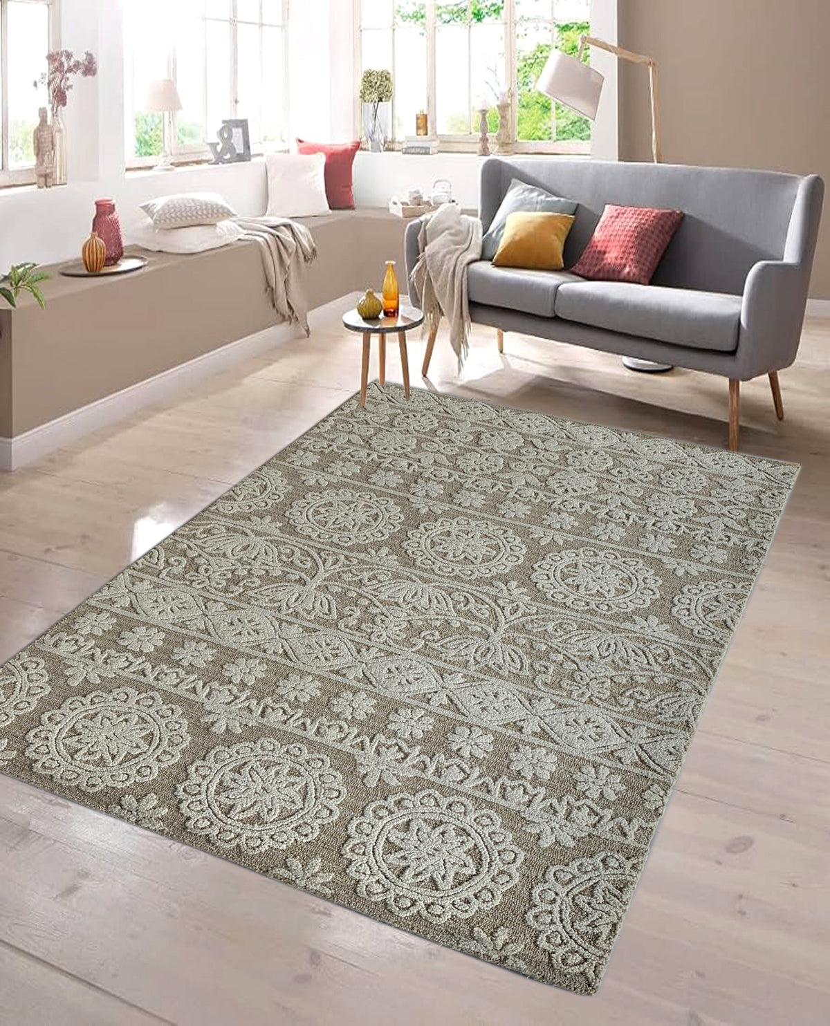Rugslane Beige & White Color Floral Design 100% New Zealand Wool Handmade Carpet 5ft X 8ft