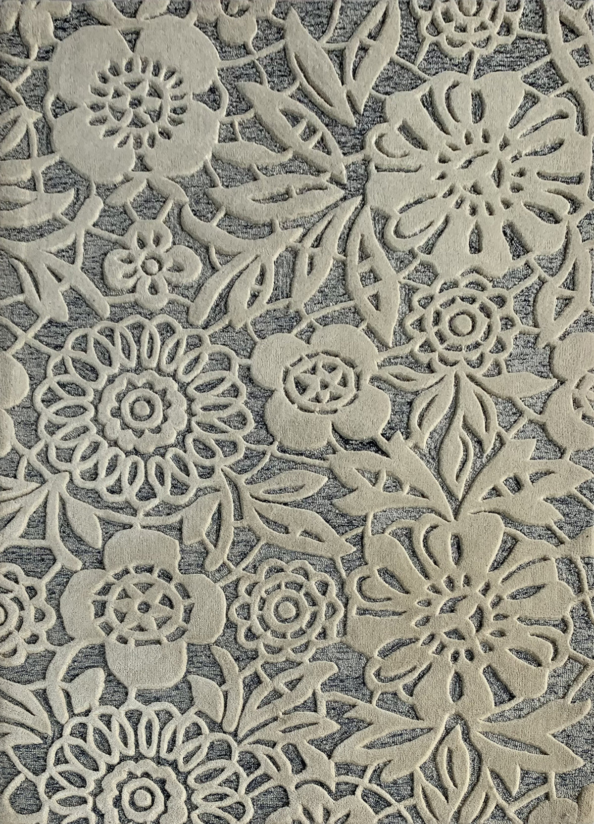Rugslane White & Grey Color Floral Design 100% New Zealand Wool Handmade Carpet 4.6ft X 6.6ft