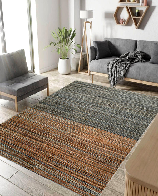Rugslane Handmade Charcoal Rust Multi Color Stripes Design Thick Woolen Carpet 8.0ft X 10.0ft