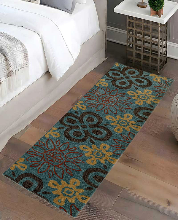 Rugslane Turquoise Floral Runner Carpet 2.0ft X 7.0ft