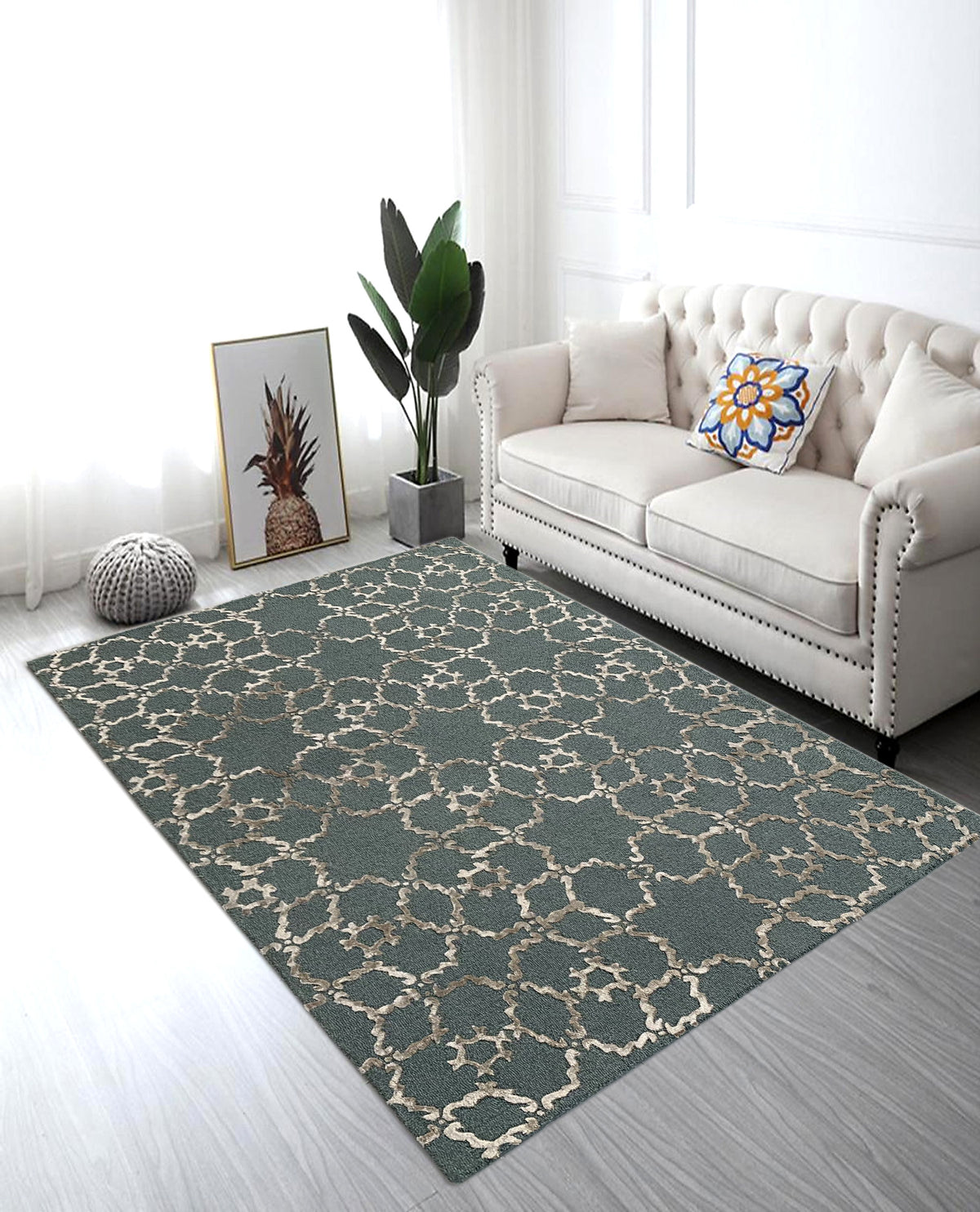 Rugslane Handmade Green Color Modern Design Wool & Viscose Carpet