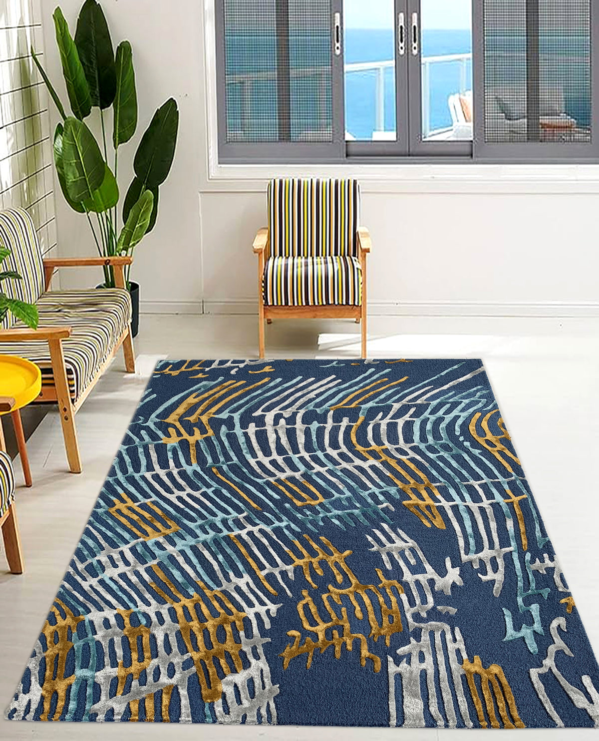Rugslane Handmade Blue Color Modern Design High Quality Wool & Viscose Carpet