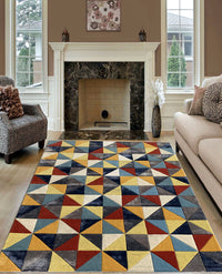 Rugslane Multi Color Geometrical Design  High Quality Wool & Viscose Matarial Modern Handmade Carpet 5ft X 7ft