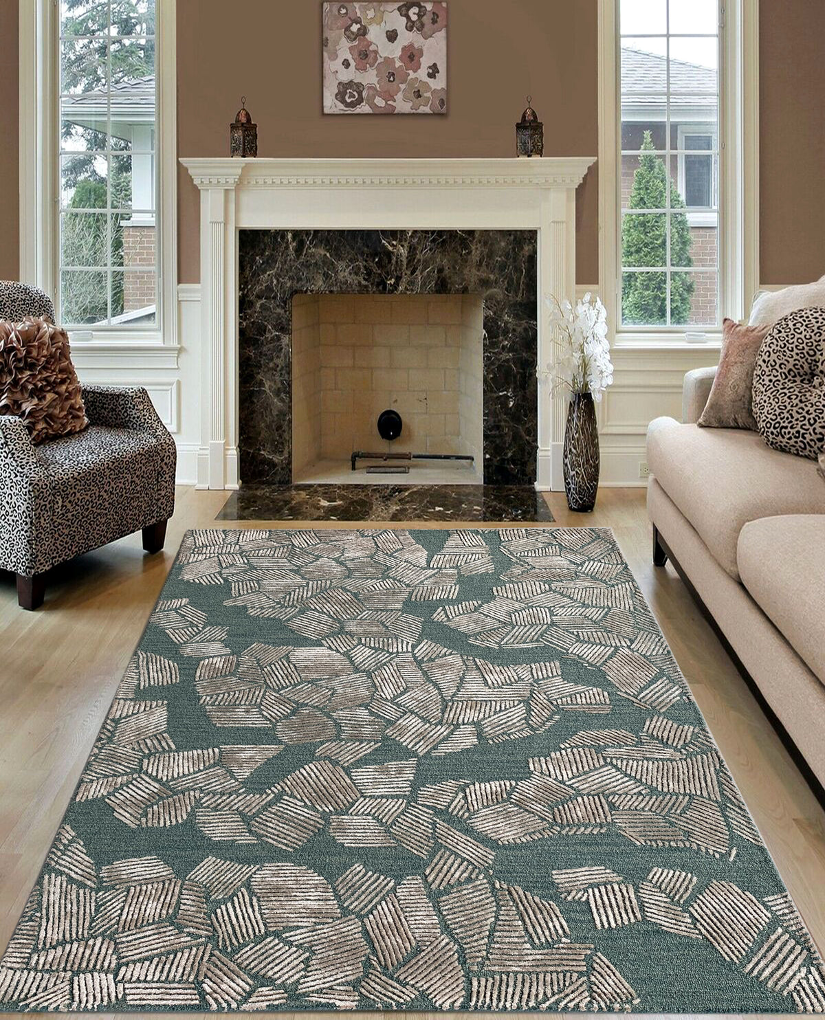 Rugslane Green & White Color Modern Design High Quality Wool & Viscose Handmade Carpet 5ft X 7ft