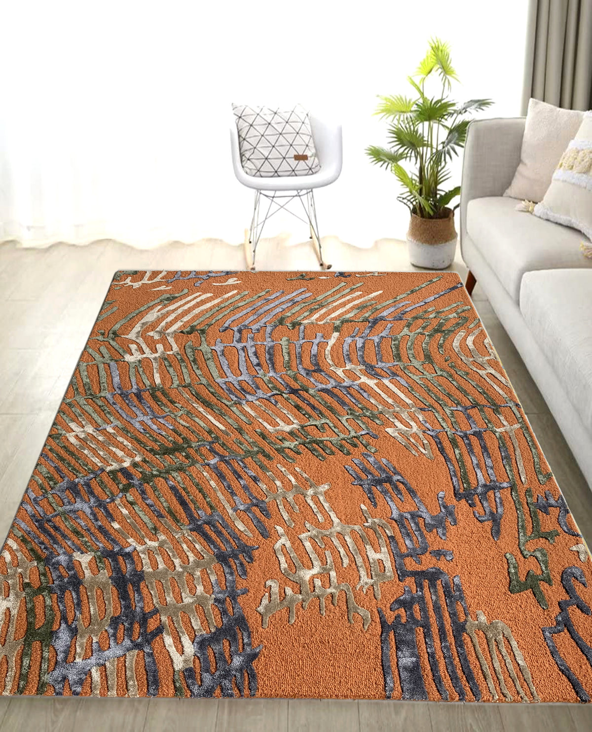 Rugslane Gold & Blue Color Modern Design High Quality Wool & Viscose Handmade Carpet 5ft X 7ft
