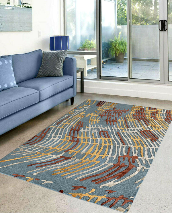 Rugslane Blue Color Modern Design High Quality Wool & Viscose Handmade Carpet 5ft X 7ft