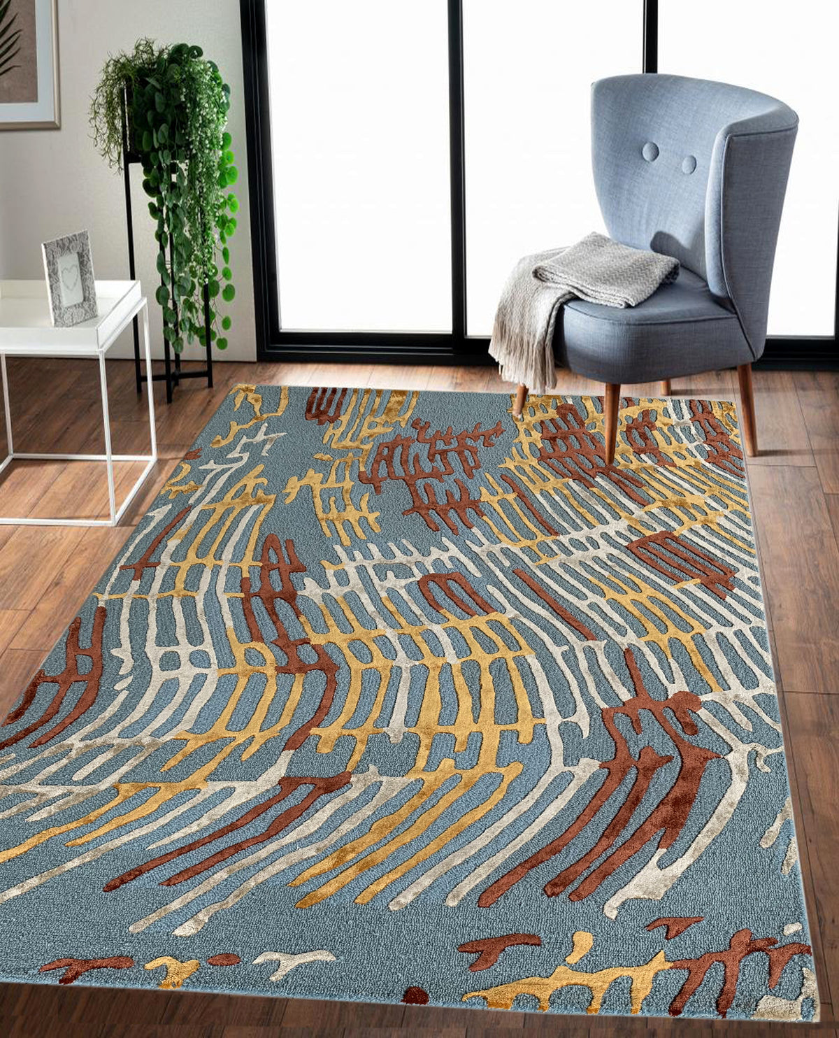 Rugslane Blue Color Modern Design High Quality Wool & Viscose Handmade Carpet 5ft X 7ft
