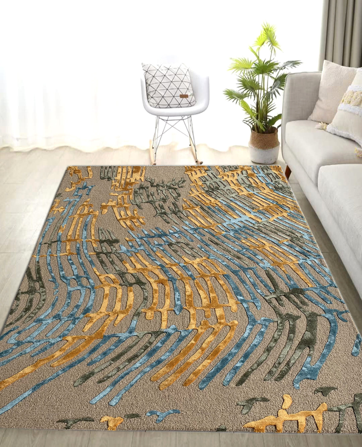 Rugslane Beige Color Modern Design High Quality Wool & Viscose Handmade Carpet 5ft X 7ft