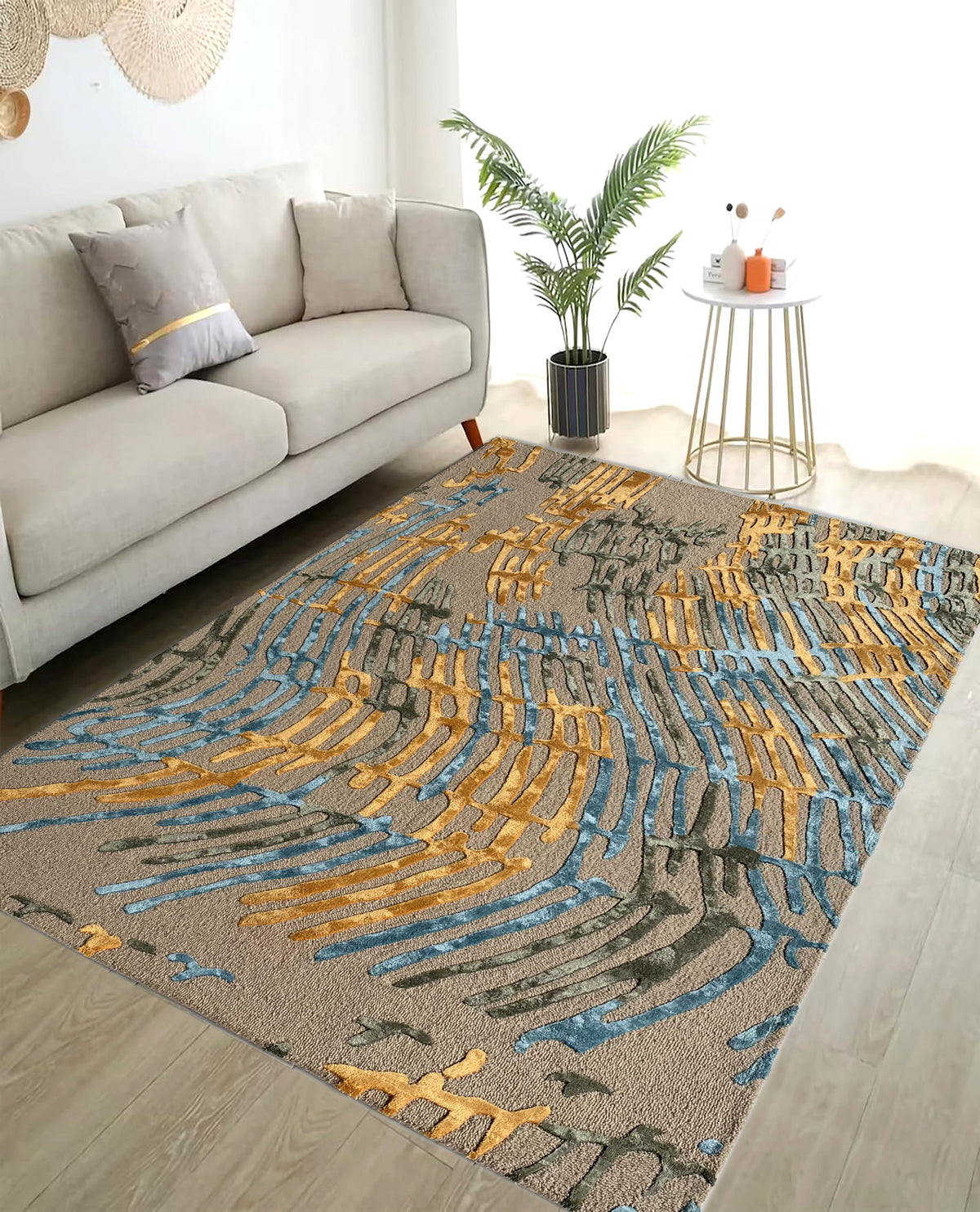 Rugslane Beige Color Modern Design High Quality Wool & Viscose Handmade Carpet 5ft X 7ft