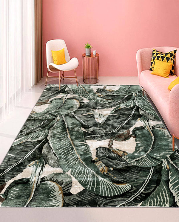 Rugslane White & Green Color Floral Design Banana Leaf High Quality 100% Viscose Handmade Carpet 6ft X 9ft