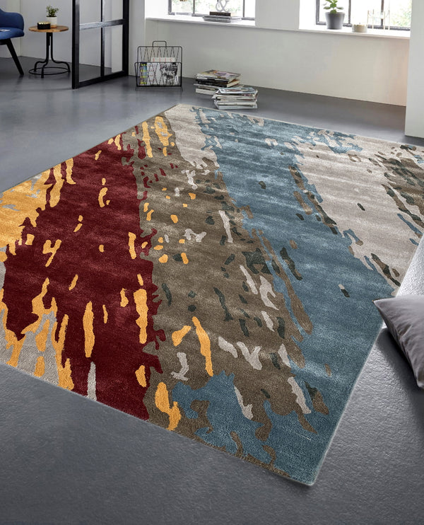 Rugslane Indiana Multi Color Abstract Design Wool & Viscose Thick Pile Handmade Carpet 7ft X 10ft