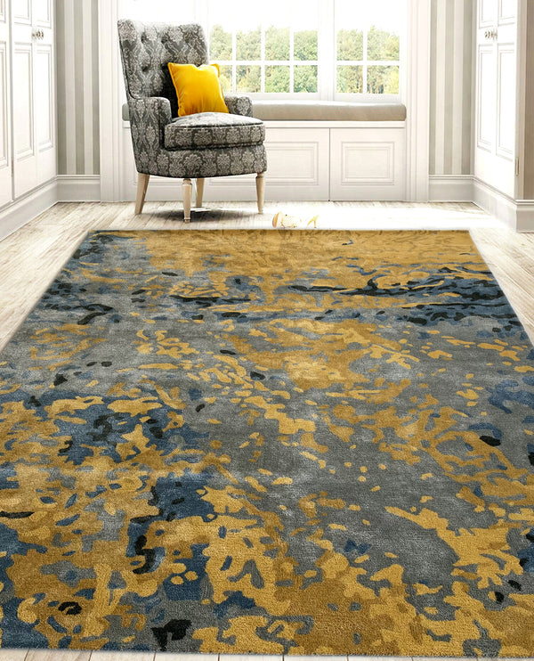 Rugslane Indiana Gold & Blue Color Abstract Design Wool & Viscose Thick Pile Handmade Carpet 8ft X 10ft