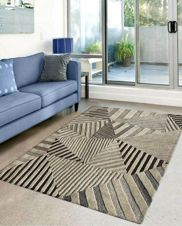 Rugslane Beige & Grey Geometrical Design 100% New Zealand Wool Handmade Modern Carpet  4.6ft x 6.6ft