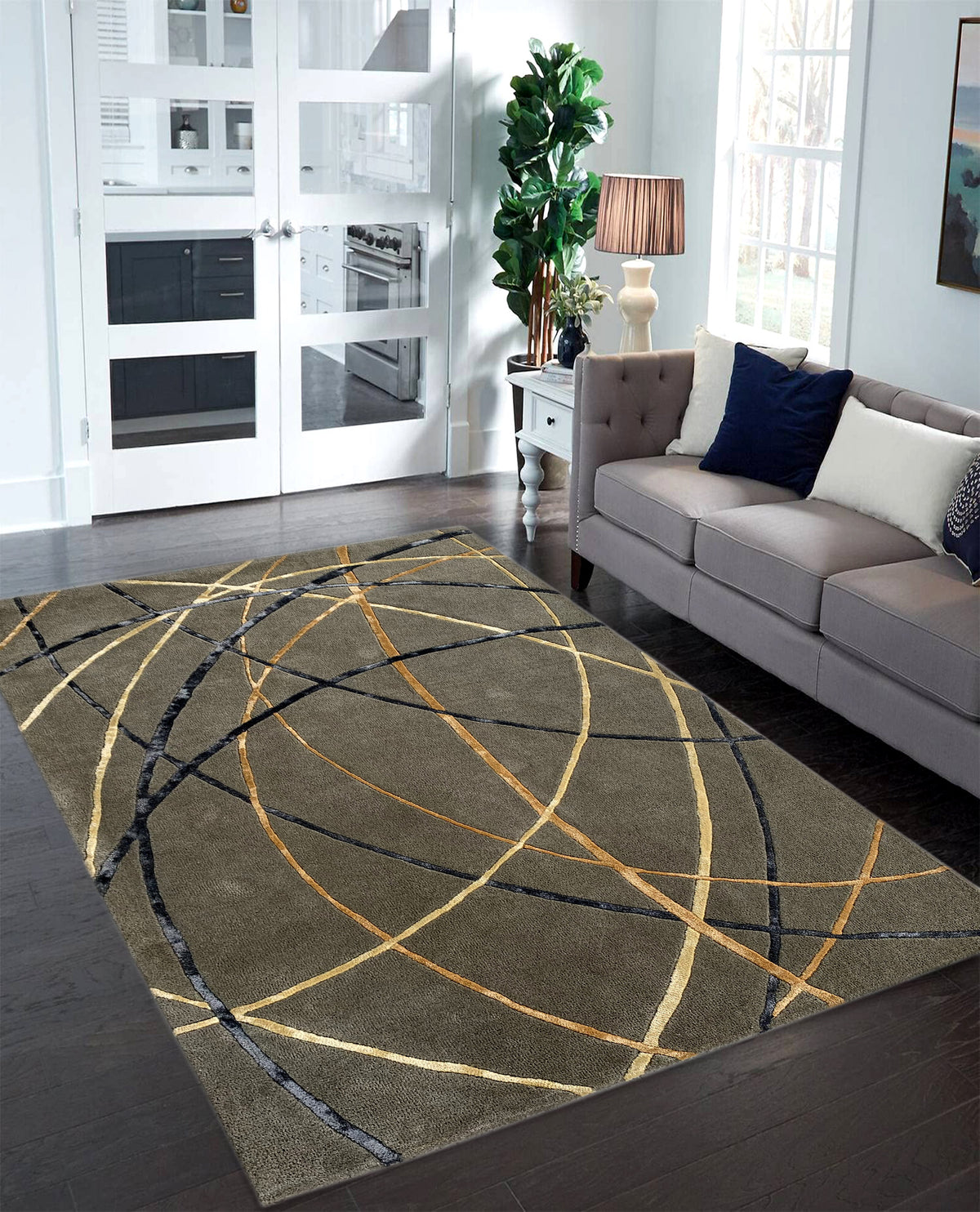 Rugslane Grey Color Modern Design Wool & Viscose Handmad Carpet 4.6ft X 6.6ft
