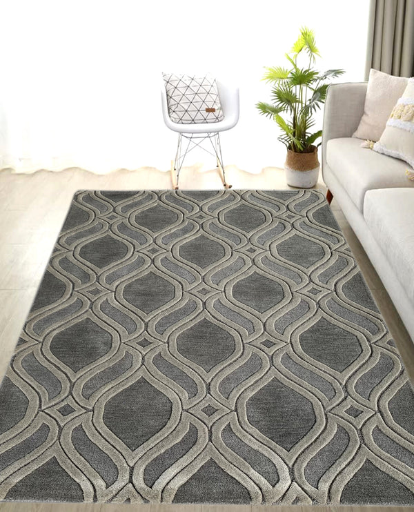 Rugslane White & Silver Color Trellis Design 100% New Zealand Wool Handmade Modern Carpet 4.6ft x 6.6ft