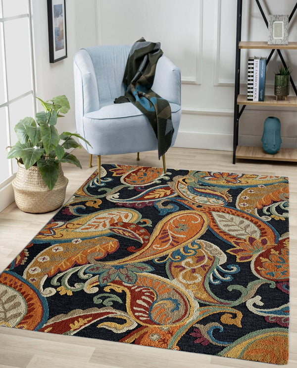 Rugslane Black & Rust Color Floral Design 100% New Zealand Wool Handmade Carpet 4.6ft x 6.6ft