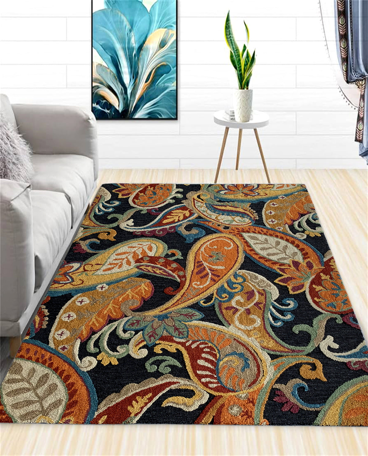 Rugslane Black & Rust Color Floral Design 100% New Zealand Wool Handmade Carpet 4.6ft x 6.6ft