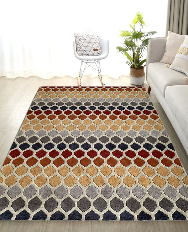 Rugslane Multi Color Geometrical Design 100% New Zealand Wool Handmade Modern Carpet  4.6ft x 6.6ft