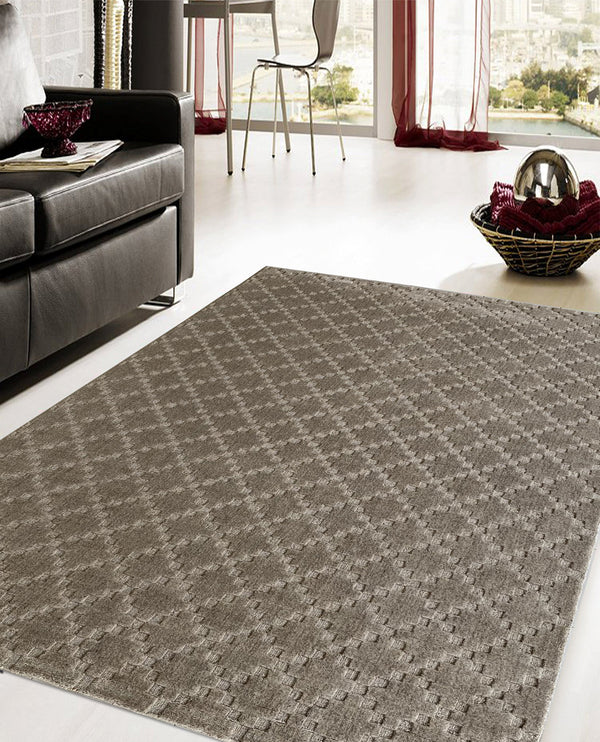 Rugslane Beige Trellis Design Textured Wool &Viscose Mix Loom Knotted Carpet 5.ft X 8 ft