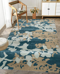 Rugslane Turquoise Color Floral Design Wool & Viscose Mix Handmade Carpet 5ft X 8ft